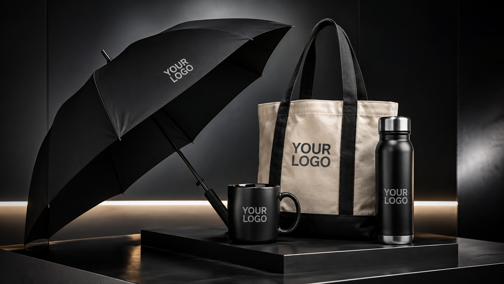 Premium branded merchandise including umbrella, mug, tote bag and bottle