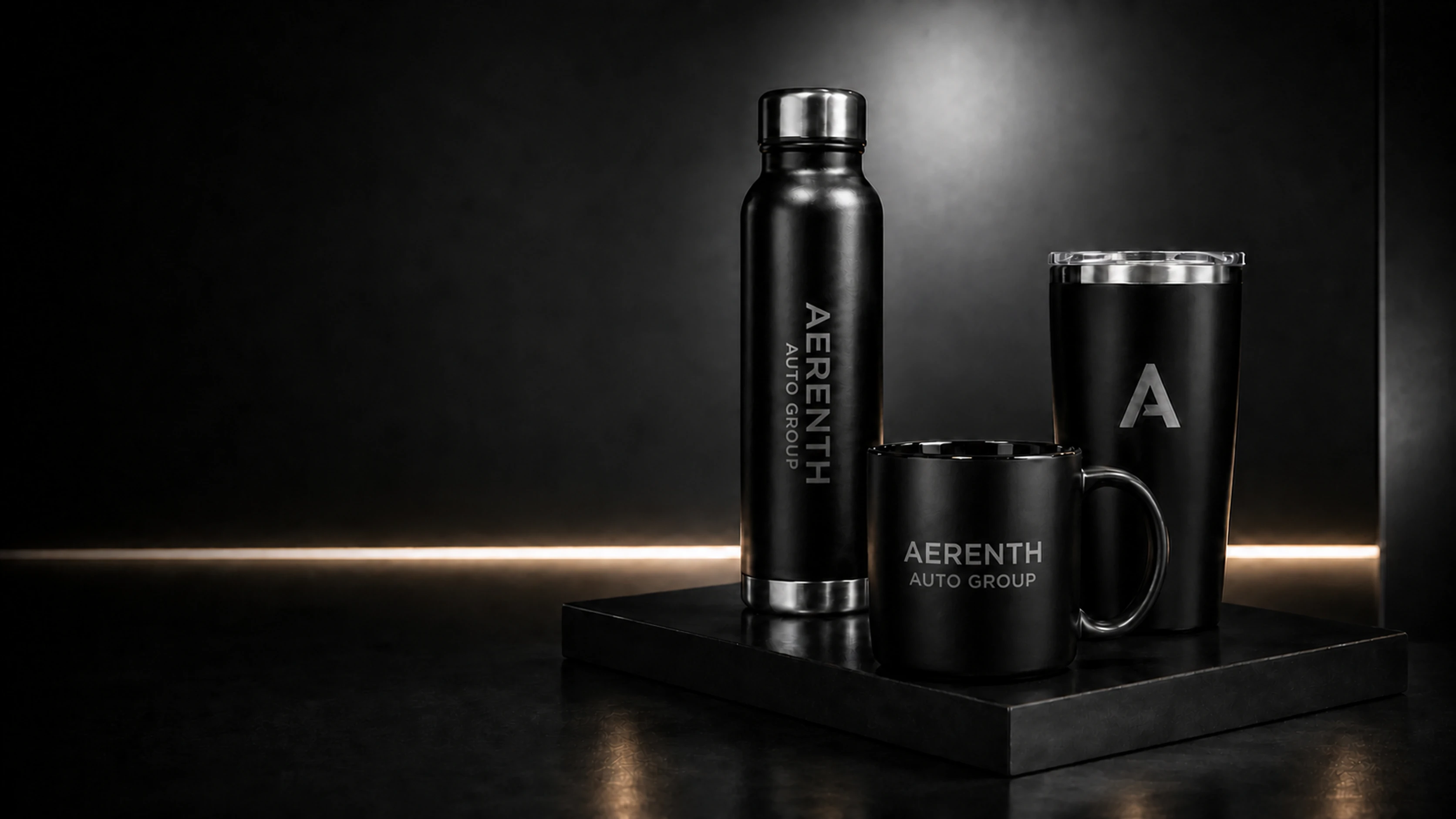 Premium black drinkware branded AERENTH AUTO GROUP