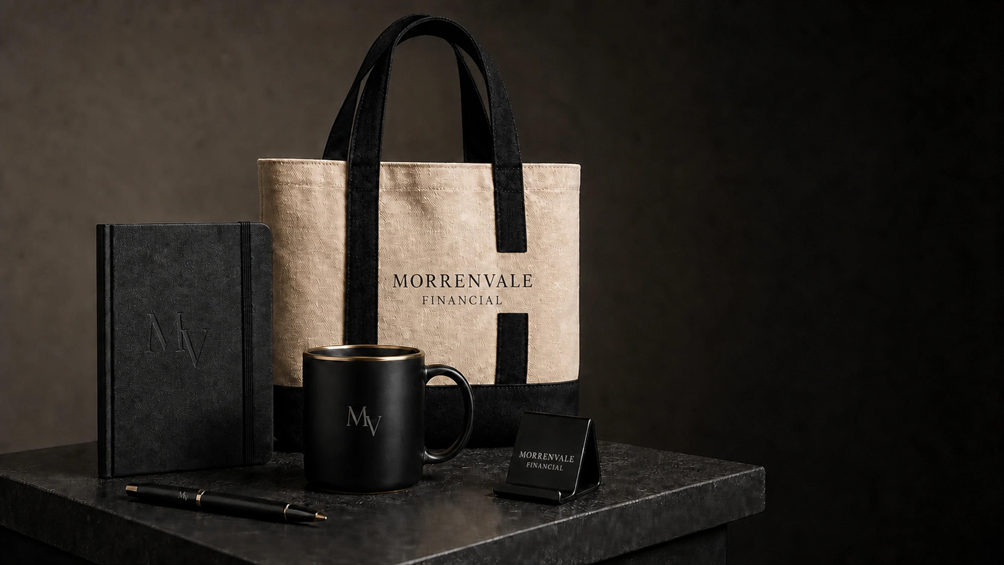 Morrenvale Financial concept gift set with a tote, notebook, mug, pen, and phone stand