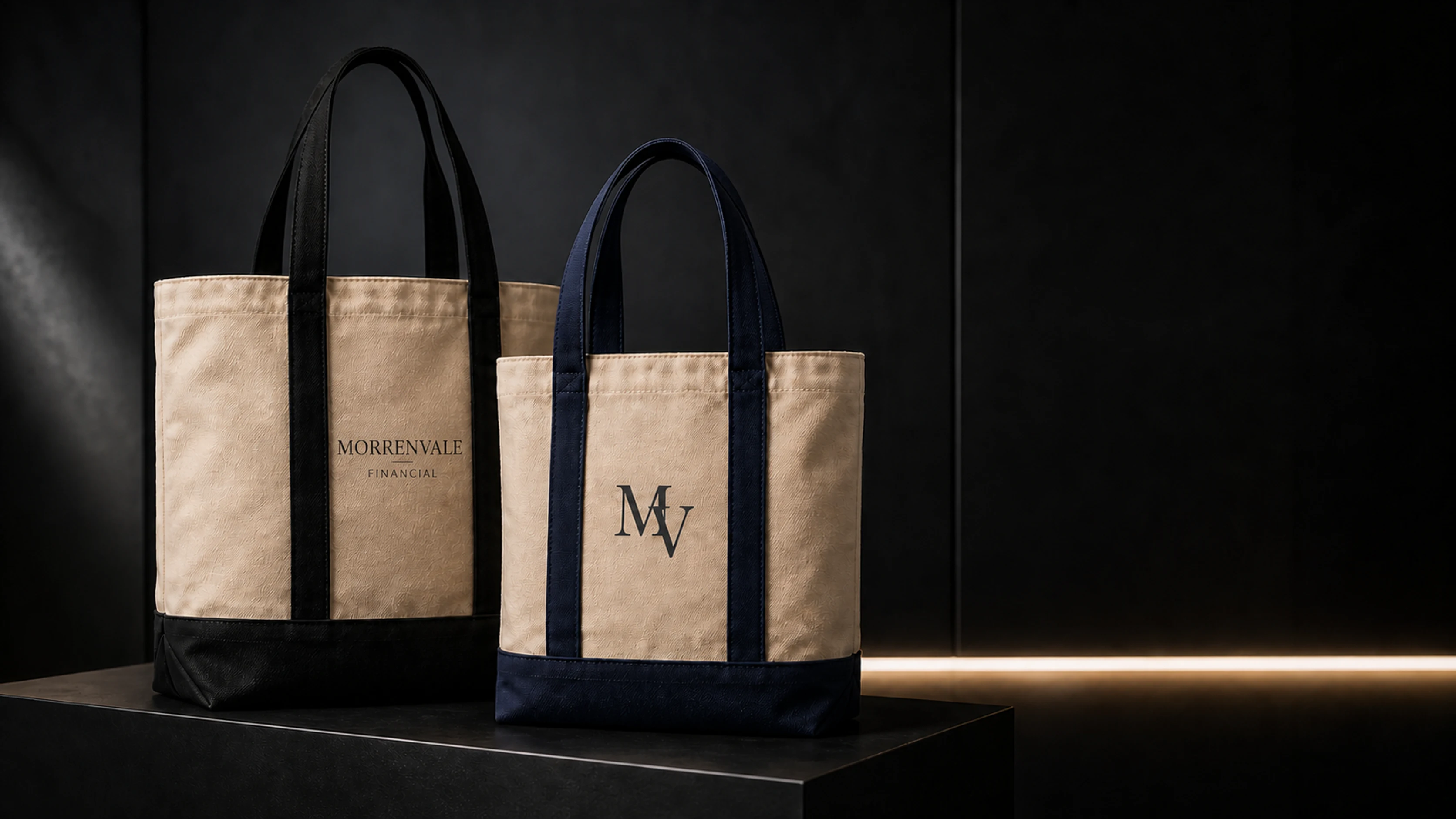 Two premium canvas totes branded with the fictional Morrenvale Financial identity